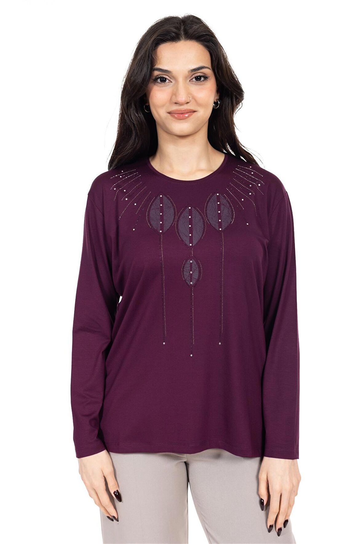 Yeni Sezon Kadın Orta Yaş ve Üzeri Viskoz Lazer Baskı İşlemeli Lüks Anne Penye Bluz 23351