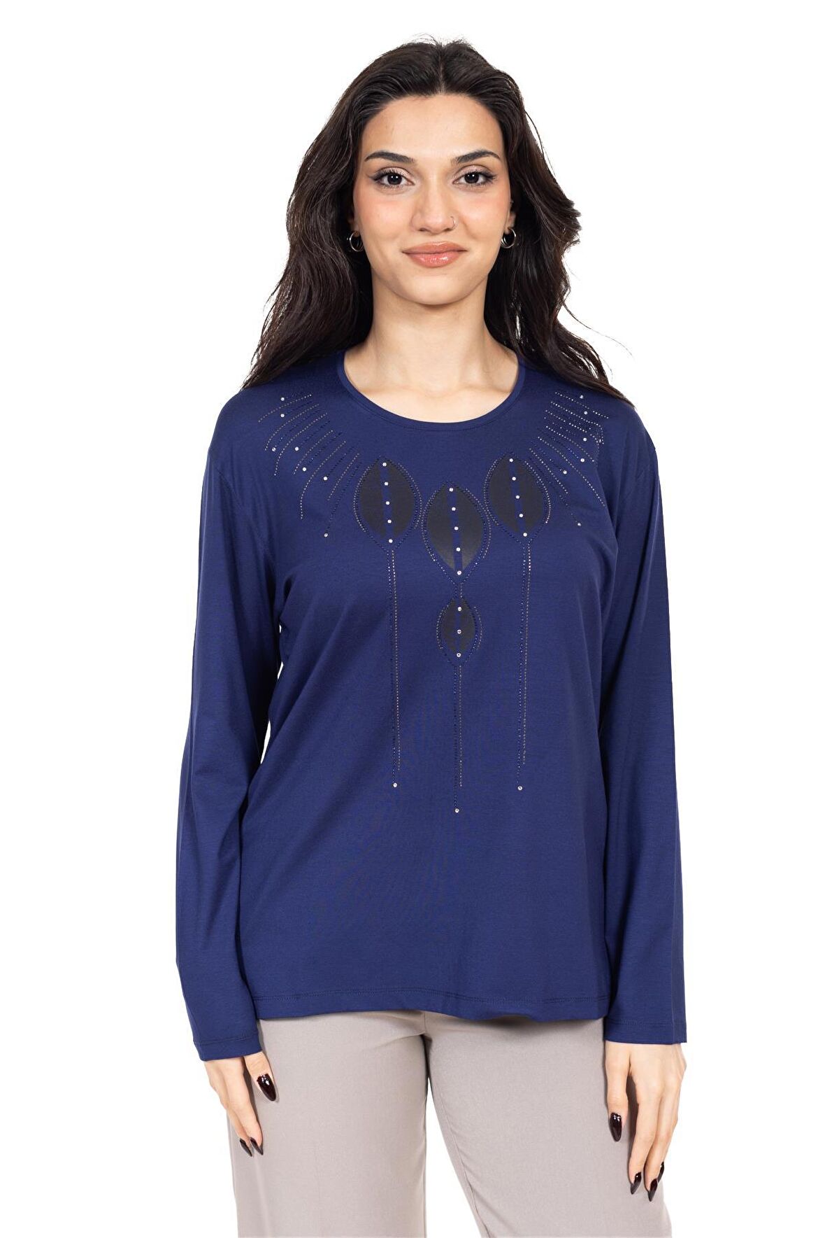 Yeni Sezon Kadın Orta Yaş ve Üzeri Viskoz Lazer Baskı İşlemeli Lüks Anne Penye Bluz 23351