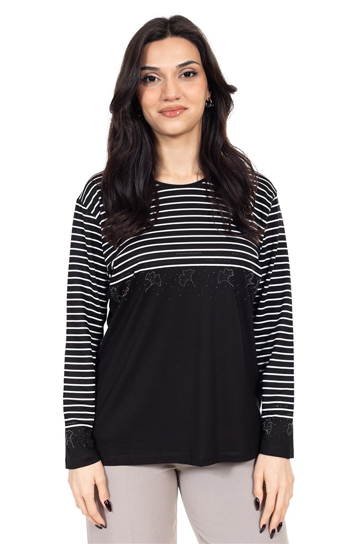 Yeni Sezon Kadın Orta Yaş ve Üzeri Viskoz Çizgili Yüksek Kalite Anne Penye Bluz 24352