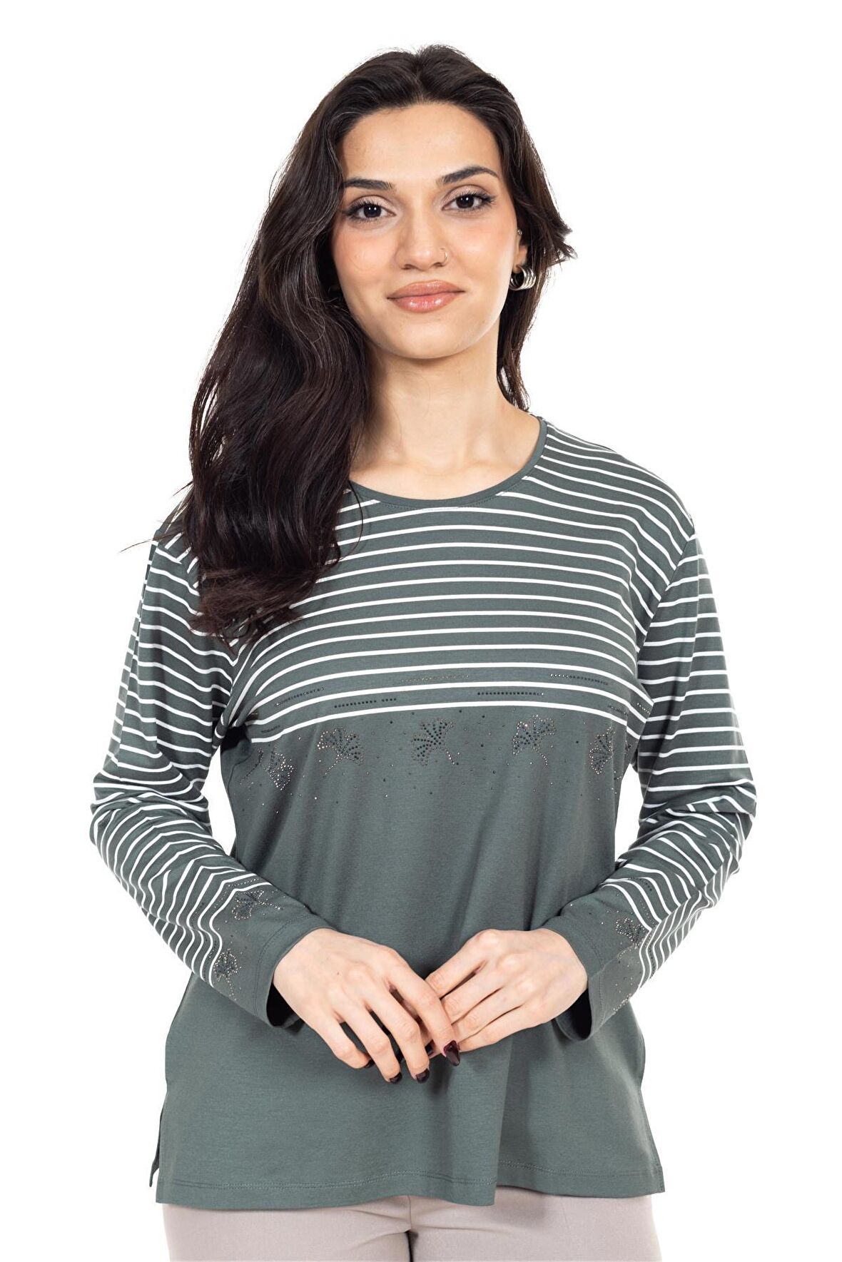 Yeni Sezon Kadın Orta Yaş ve Üzeri Viskoz Çizgili Yüksek Kalite Anne Penye Bluz 24352