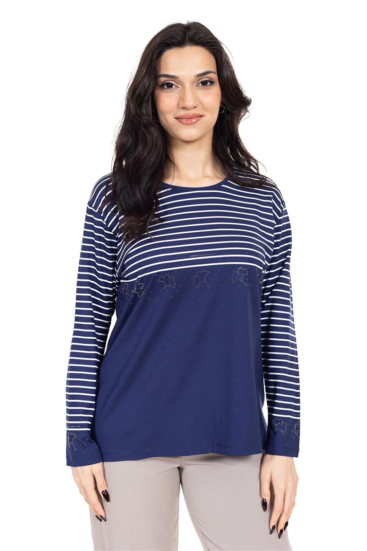 Yeni Sezon Kadın Orta Yaş ve Üzeri Viskoz Çizgili Yüksek Kalite Anne Penye Bluz 24352