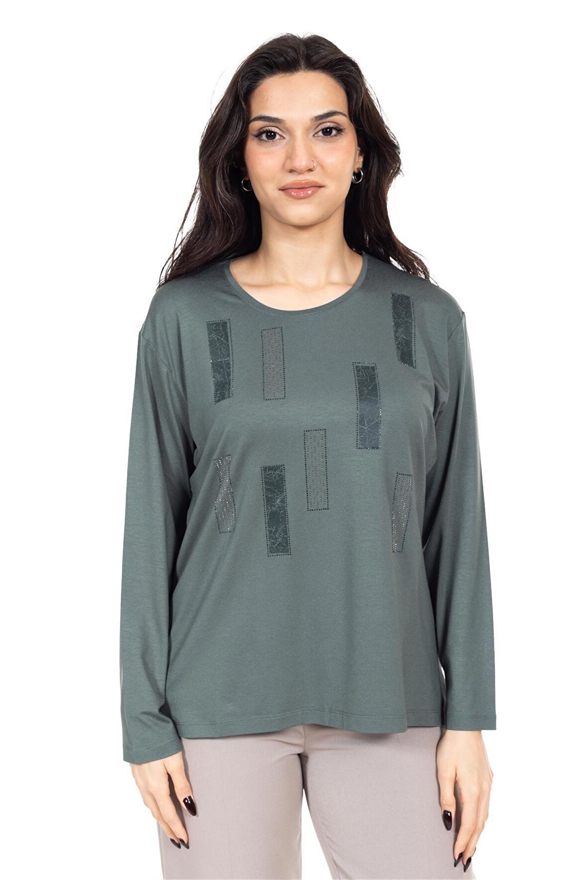 Yeni Sezon Kadın Orta Yaş ve Üzeri Viskoz Lazer Baskı İşlemeli Yüksek Kalite Anne Penye Bluz 24357