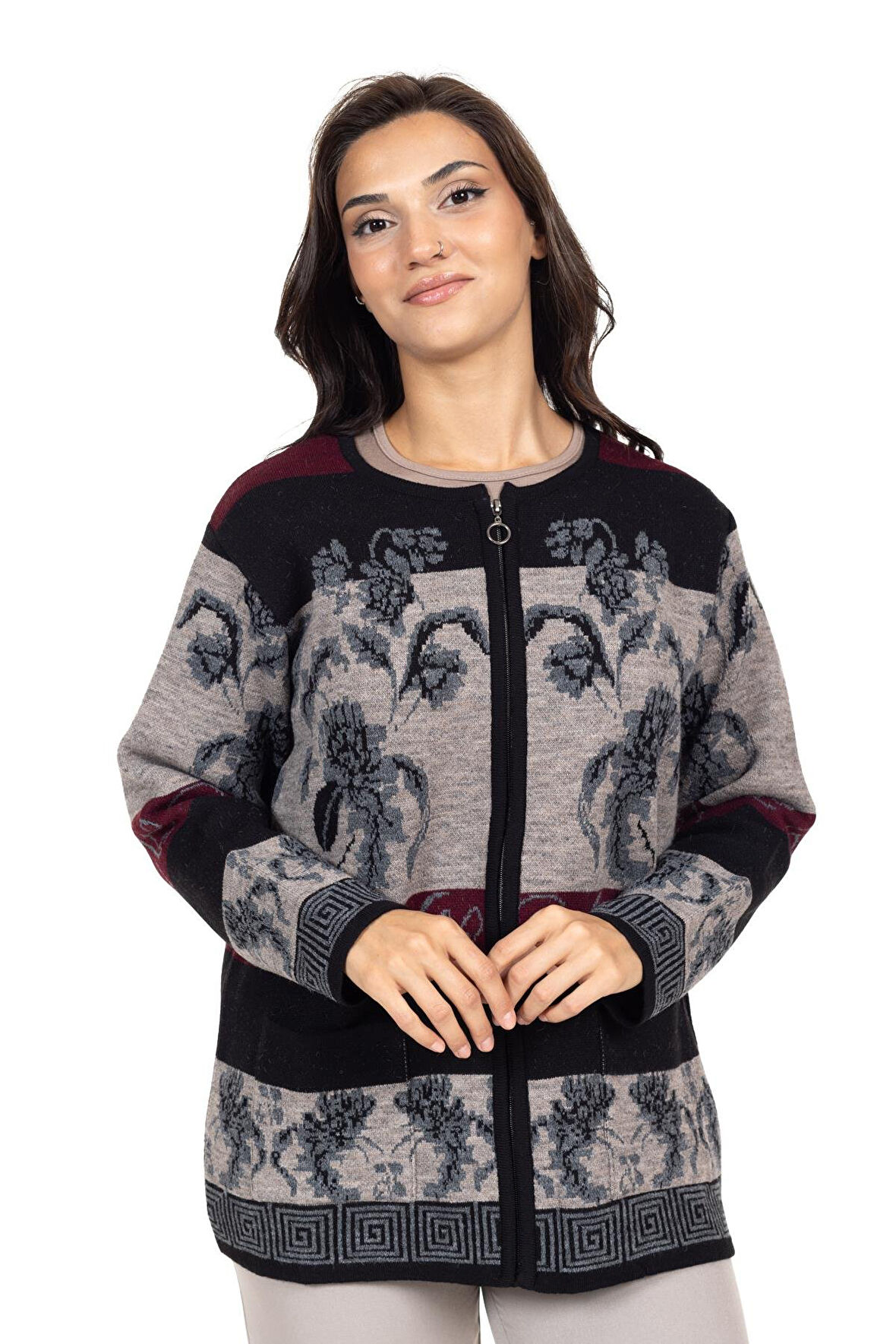 Kadın Orta Yaş ve Üzeri Fermuarlı Desenli Triko Örgü Yün Hırka 2356