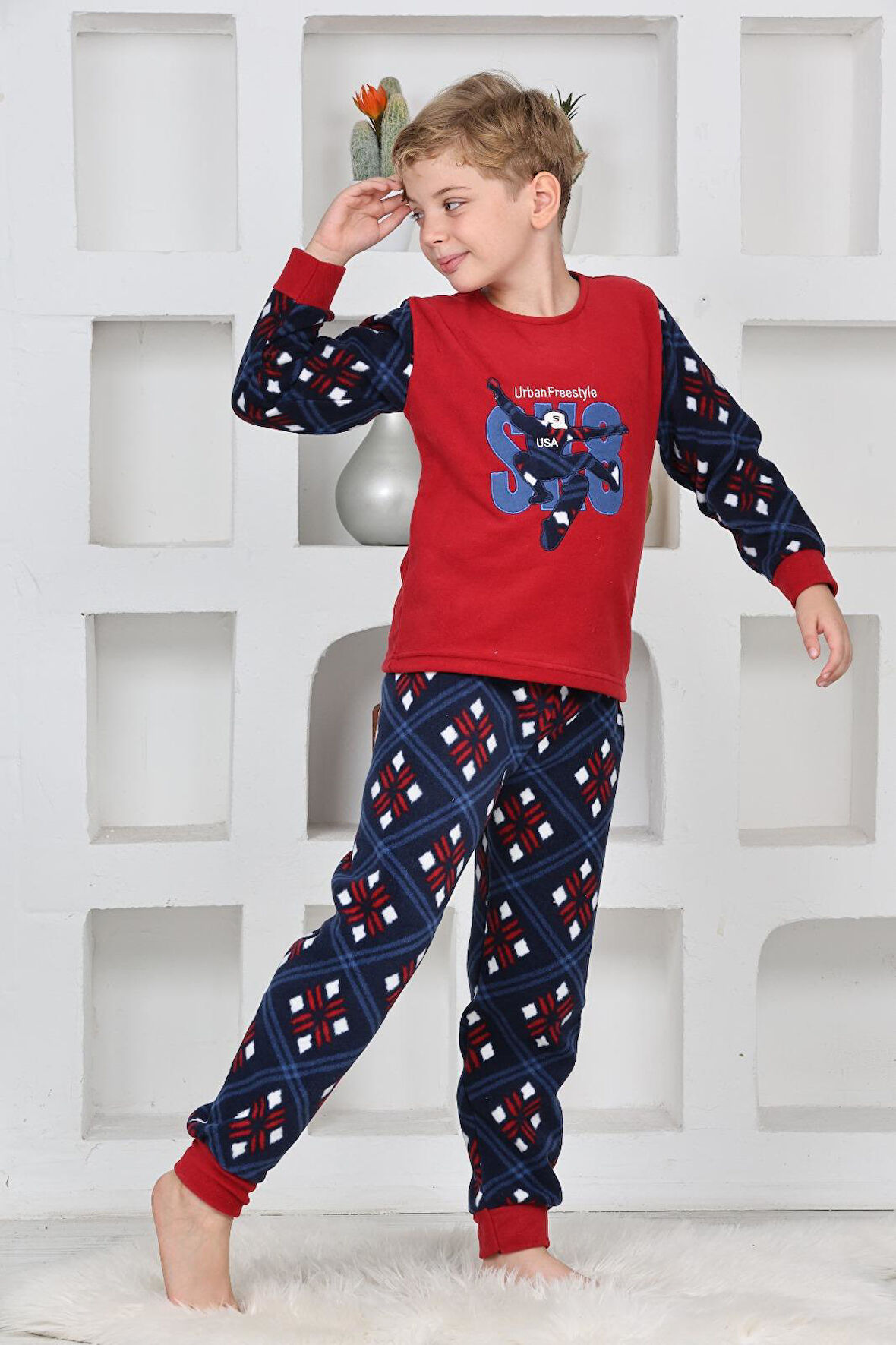 Yeni Sezon Sonbahar/Kış Erkek Çocuk Skate 8 Desenli Polar Pijama Takımı 4536