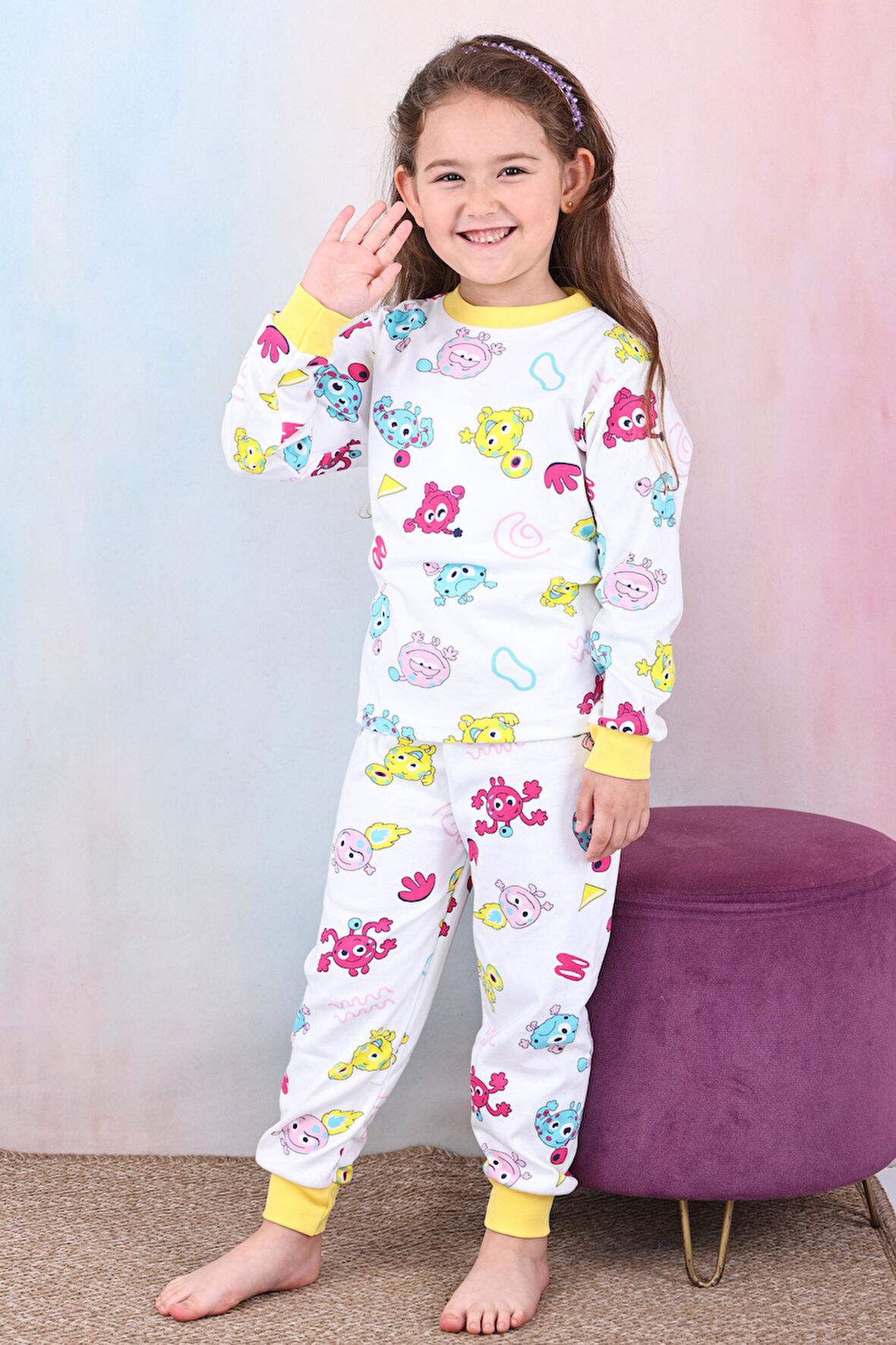 Kız Çocuk %100 Pamuk Pijama Takımı 1810-Sarı