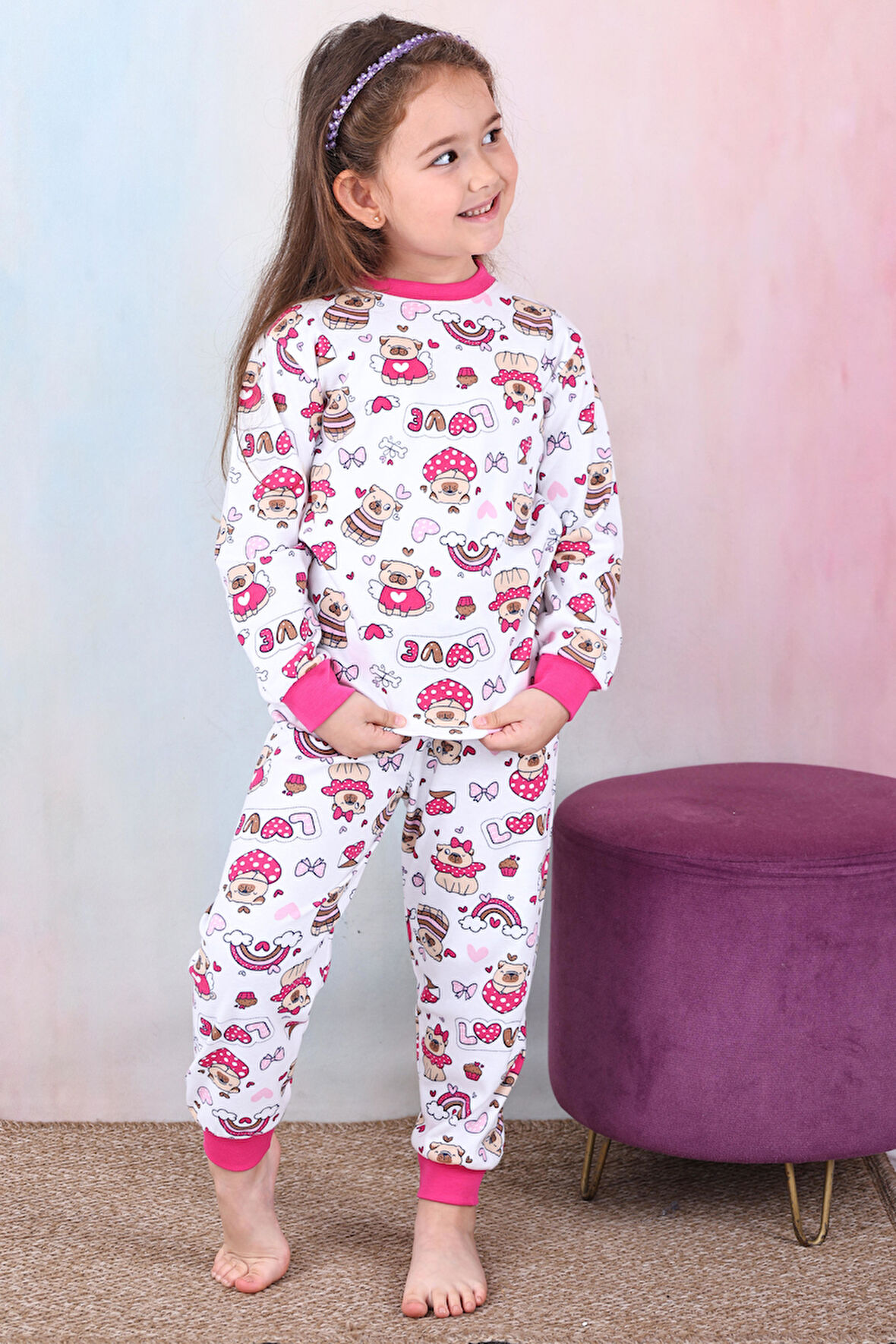 Kız Çocuk %100 Pamuk Pijama Takımı 1810-Fuşya