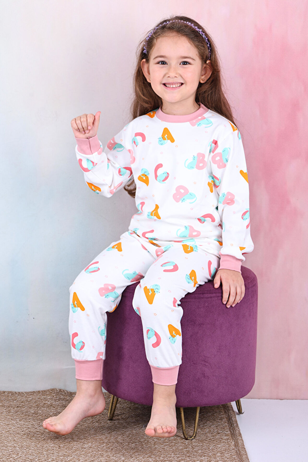 Kız Çocuk %100 Pamuk Pijama Takımı 1810-Pudra