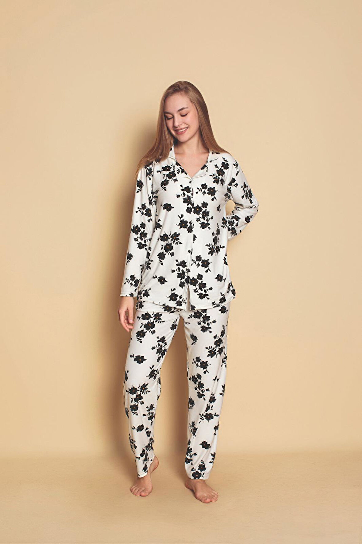 Düğmeli Kadın Pijama Takımı 301783-Beyaz