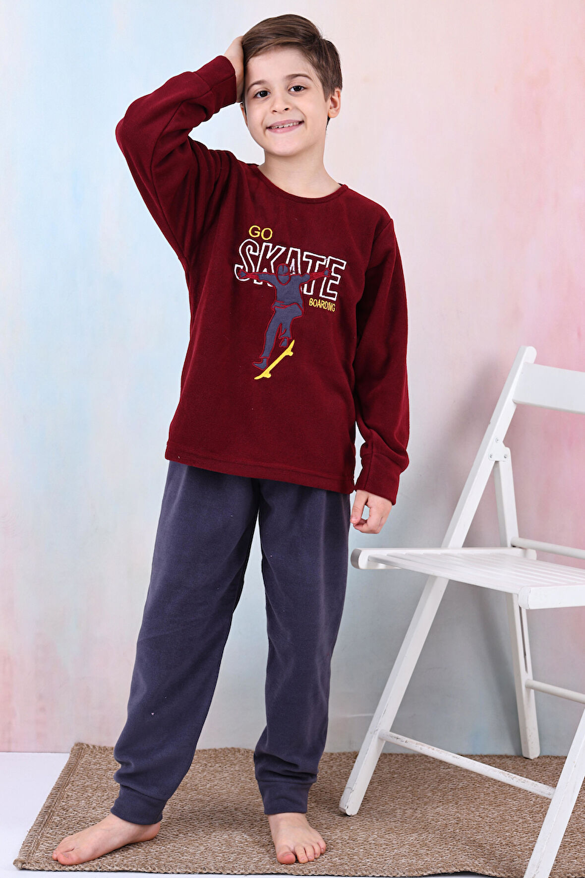 Yeni Sezon Sonbahar/Kış Erkek Çocuk Skate Desenli Polar Pijama Takımı 4515