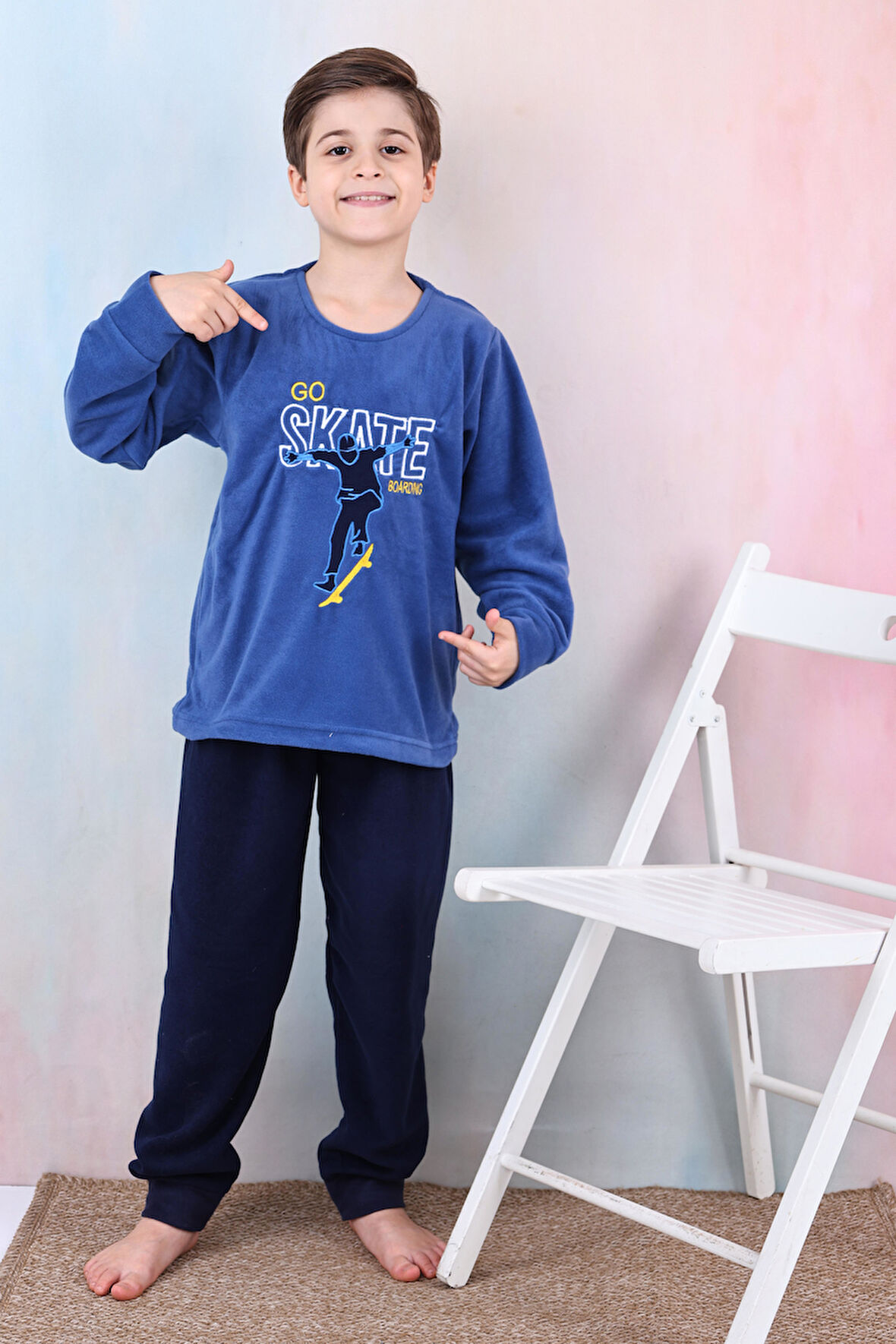 Yeni Sezon Sonbahar/Kış Erkek Çocuk Skate Desenli Polar Pijama Takımı 4515