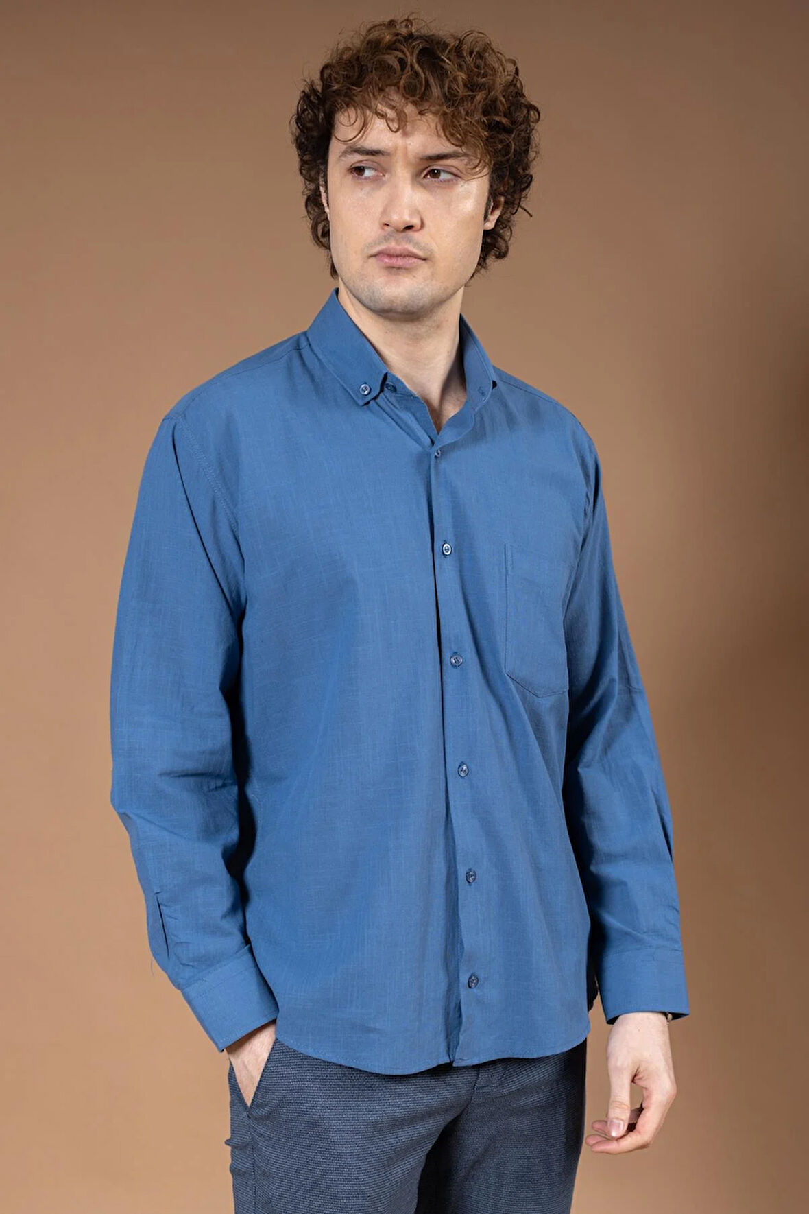 Erkek %100 Natural Uzun Kollu Regular Kalıp Organik Keten Baba Gömlek 8120