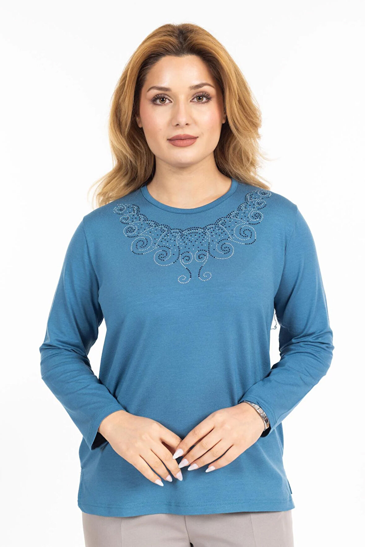 Yeni Model Taş İşlemeli Yuvarlak Yaka Likralı Anne Penye Bluz 6420
