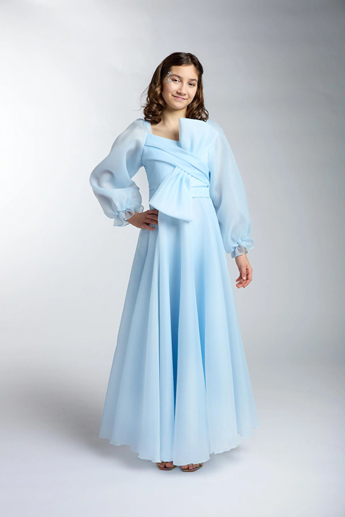 Kız Çocuk/Genç Yeni Moda  Parlak Kumaş Tam Kalıp Uzun Kollu Abiye Elbise 5541