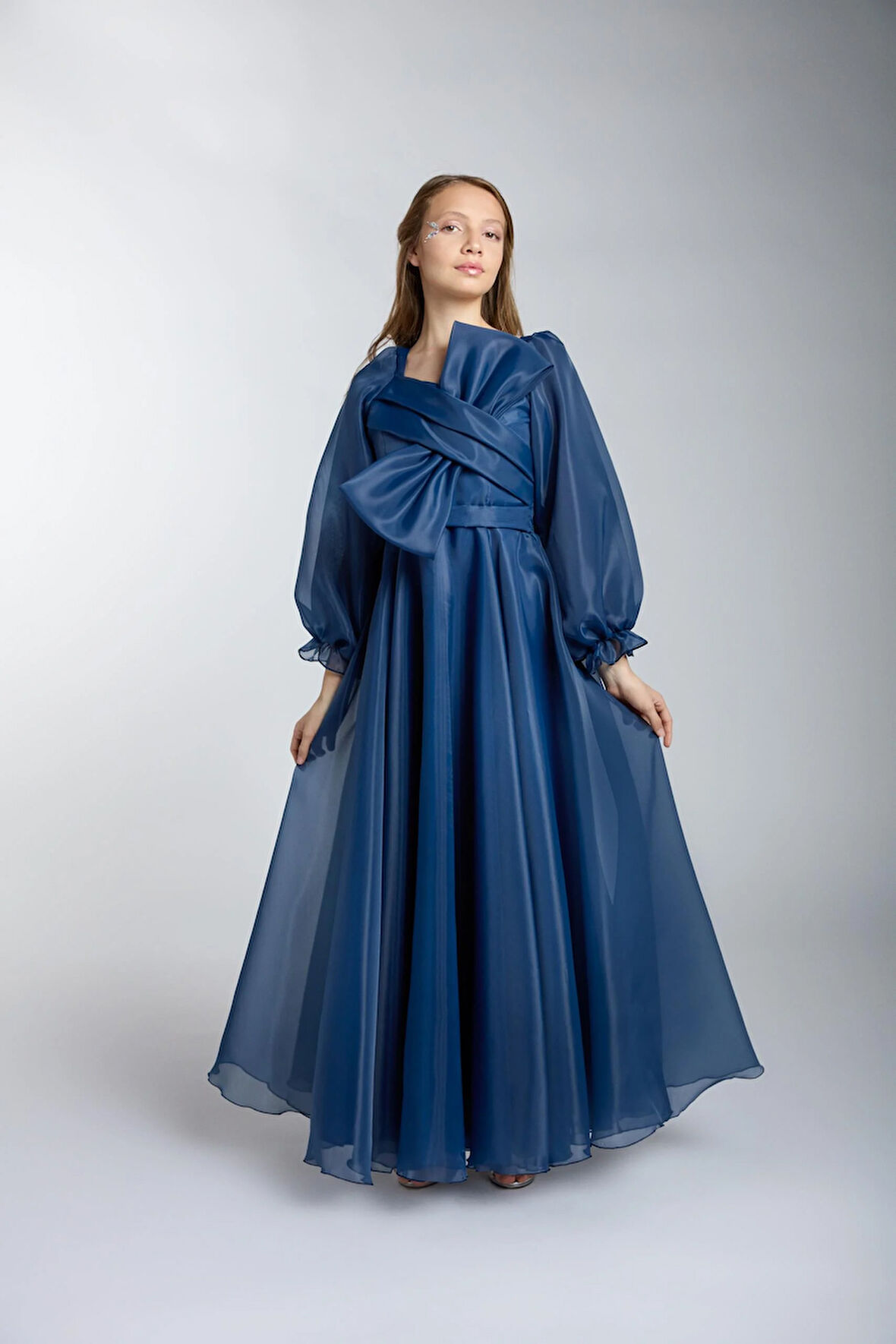 Kız Çocuk/Genç Yeni Moda  Parlak Kumaş Tam Kalıp Uzun Kollu Abiye Elbise 5541