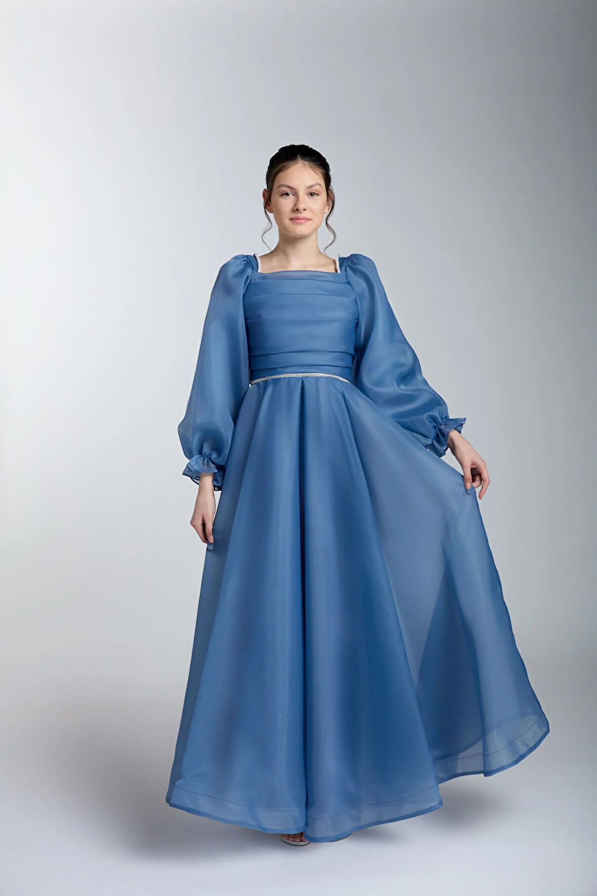 Kız Çocuk/Genç Yeni Moda  Parlak Kumaş Tam Kalıp Uzun Kollu Abiye Elbise 5553