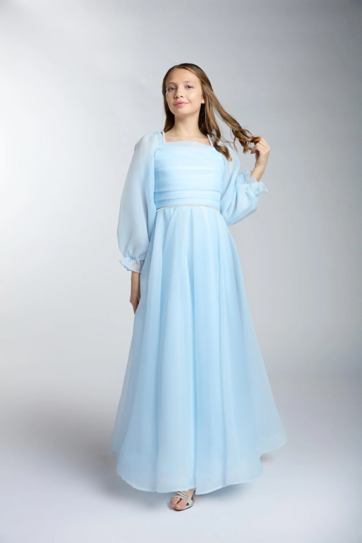 Kız Çocuk/Genç Yeni Moda  Parlak Kumaş Tam Kalıp Uzun Kollu Abiye Elbise 5553