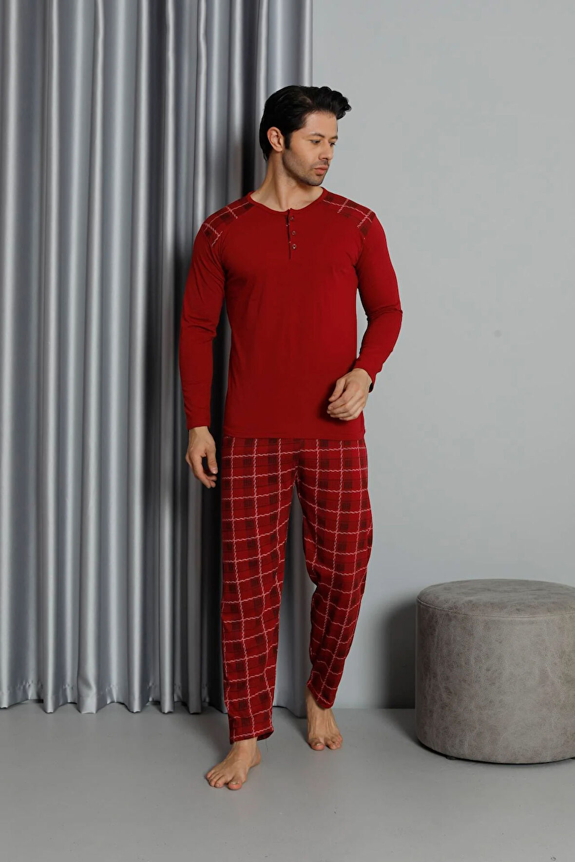 Erkek İnterlok Rahat Kalıp Sıfır Yaka Pamuk Pijama Takımı 6774