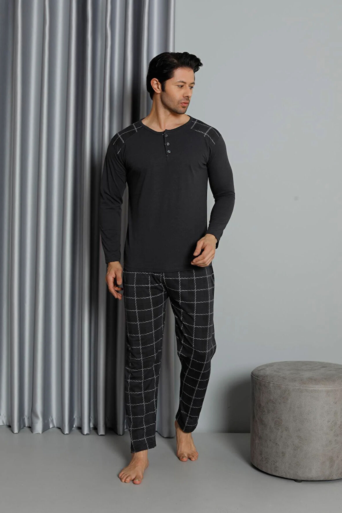 Erkek İnterlok Rahat Kalıp Sıfır Yaka Pamuk Pijama Takımı 6774