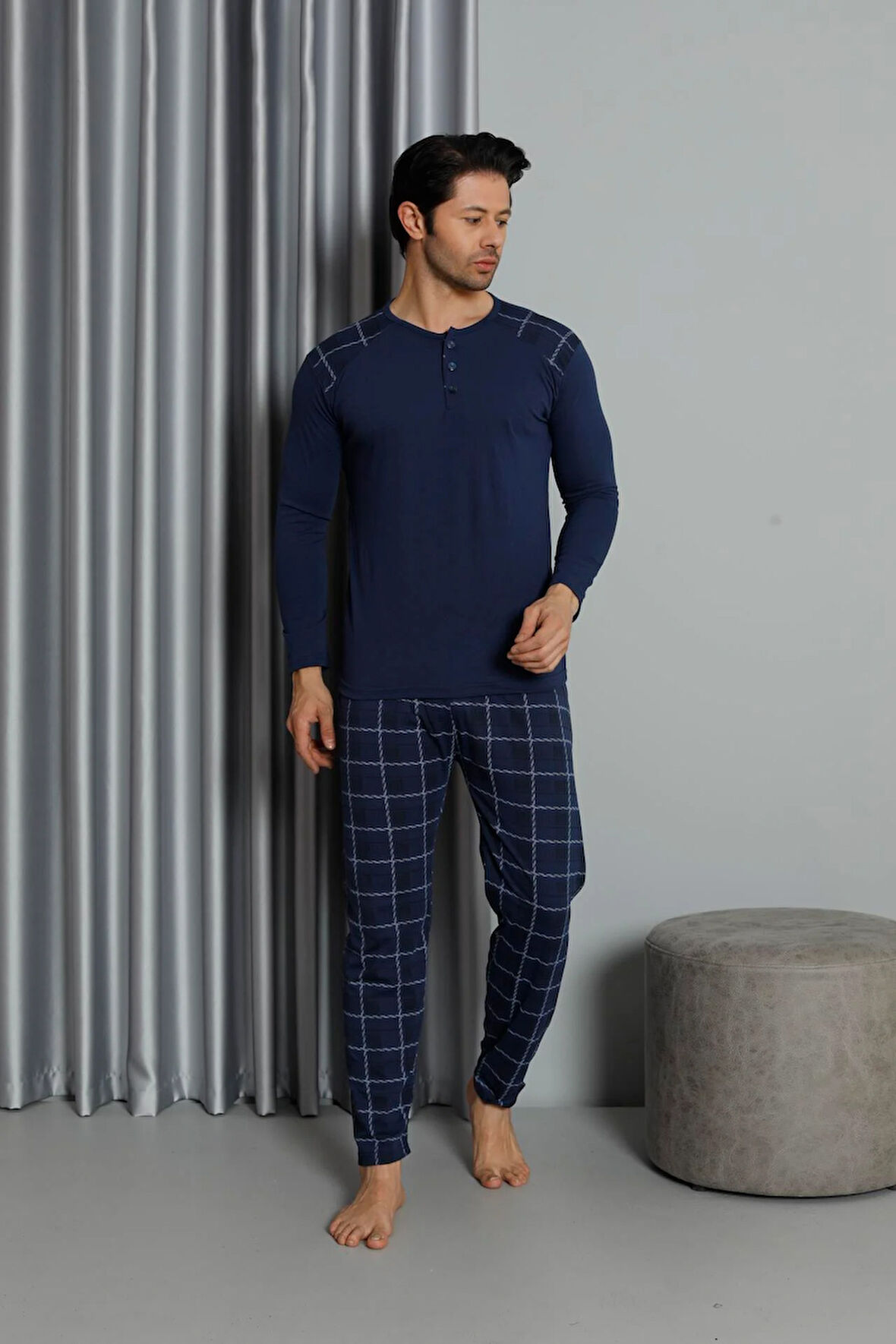 Erkek İnterlok Rahat Kalıp Sıfır Yaka Pamuk Pijama Takımı 6774