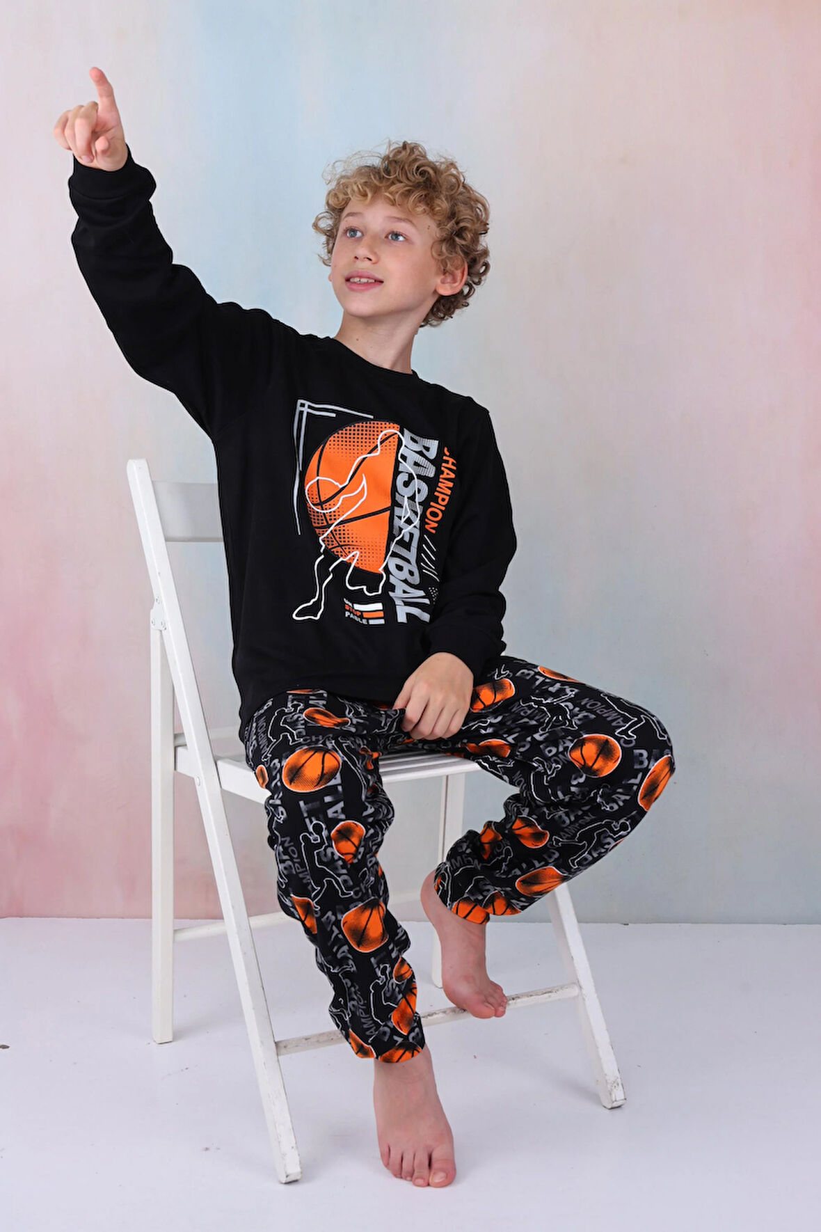 Yeni Sezon Erkek Çocuk Gez Garson Basketball Uzun Kollu Pamuk İnterlok Pijama Takımı 5154-Siyah