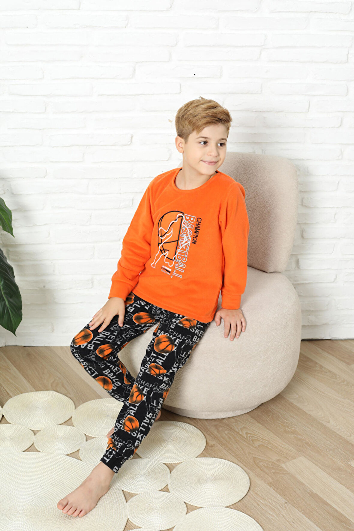 Yeni Stil Sonbahar/Kış Erkek Çocuk Basketball Desenli Polar Pijama Takımı 4562