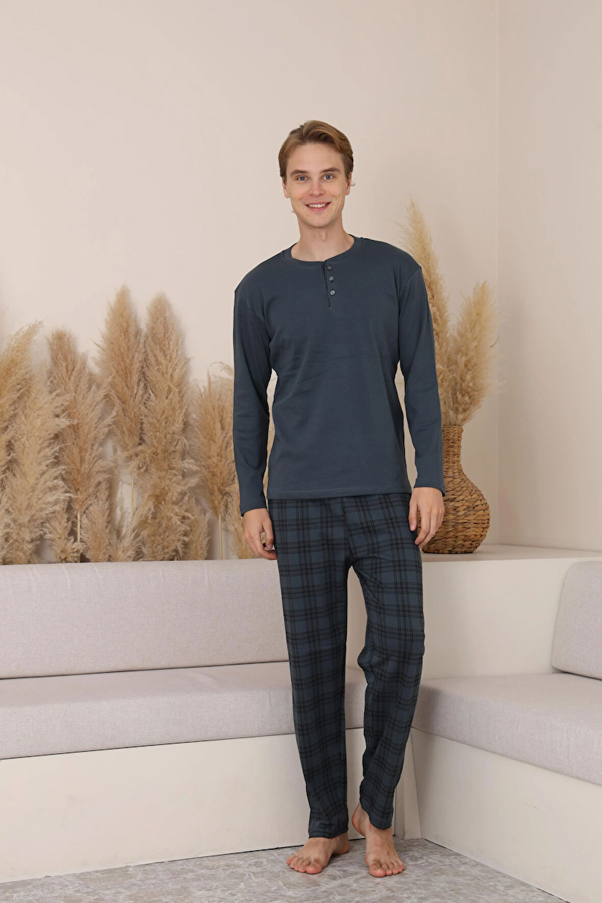 Erkek İnterlok Rahat Kalıp Sıfır Yaka Yüksek Kalite Pamuk Pijama Takımı 16675