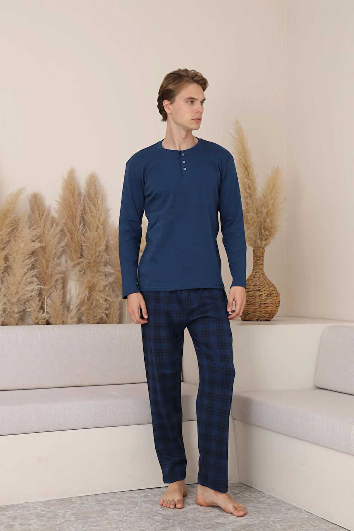 Erkek İnterlok Rahat Kalıp Sıfır Yaka Yüksek Kalite Pamuk Pijama Takımı 16675