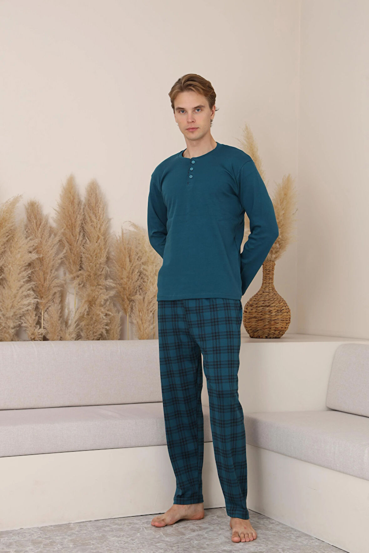 Erkek İnterlok Rahat Kalıp Sıfır Yaka Yüksek Kalite Pamuk Pijama Takımı 16675