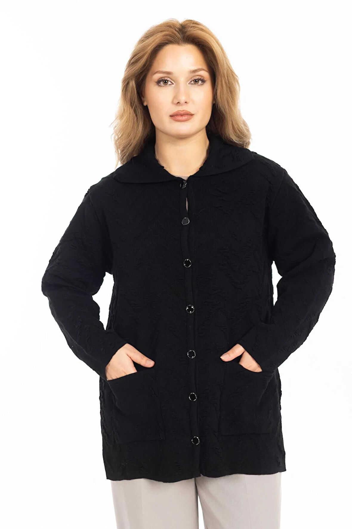 Yeni Sezon Kadın Triko Örgü Sıkı Dokuma Düğmeli Gömlek Yaka Anne Kışlık Hırka 30220