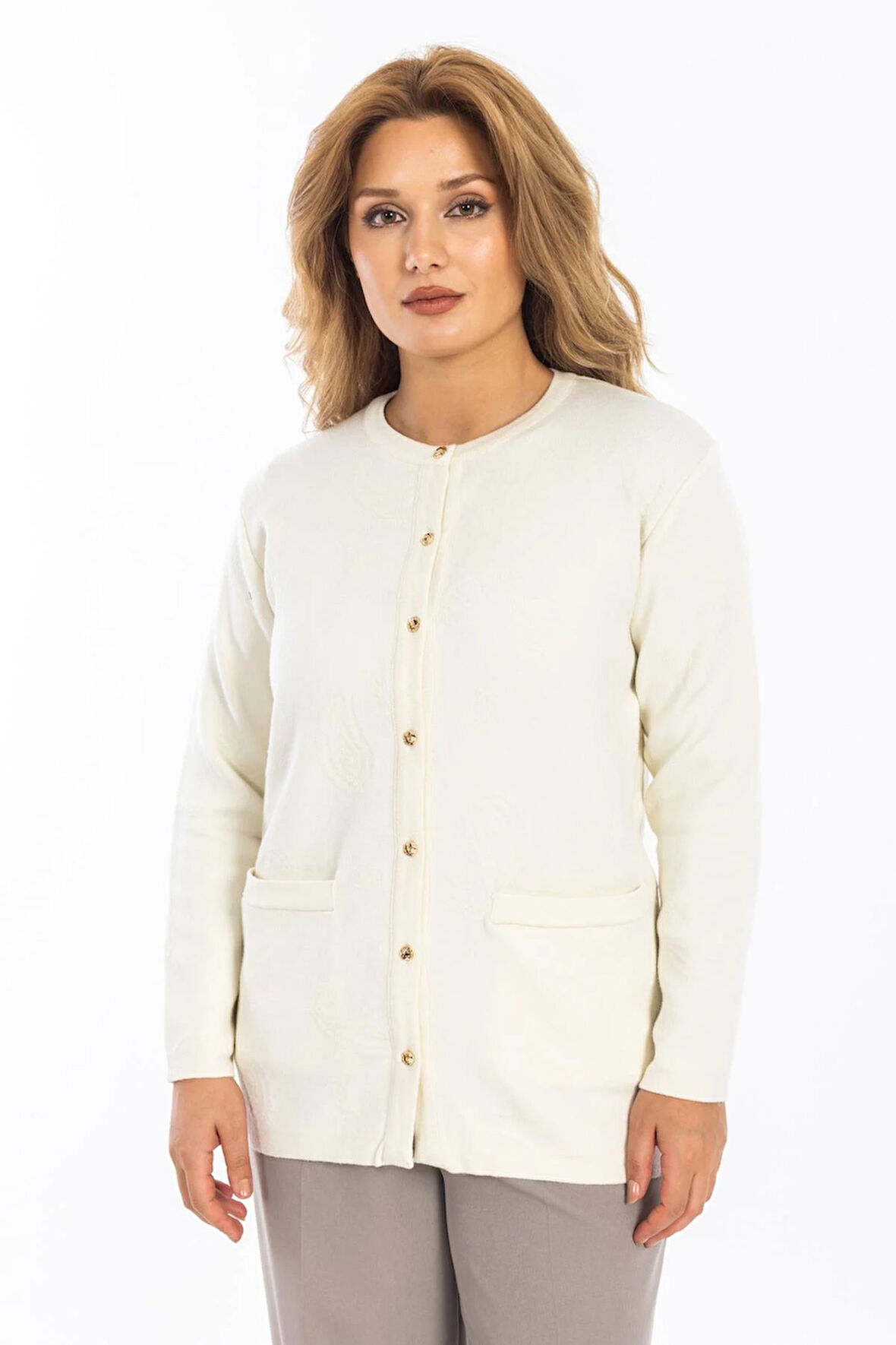 Yeni Model Kadın Triko Örgü Düğmeli Yumuşak Doku Kadın Kışlık Hırka 30270-Beyaz