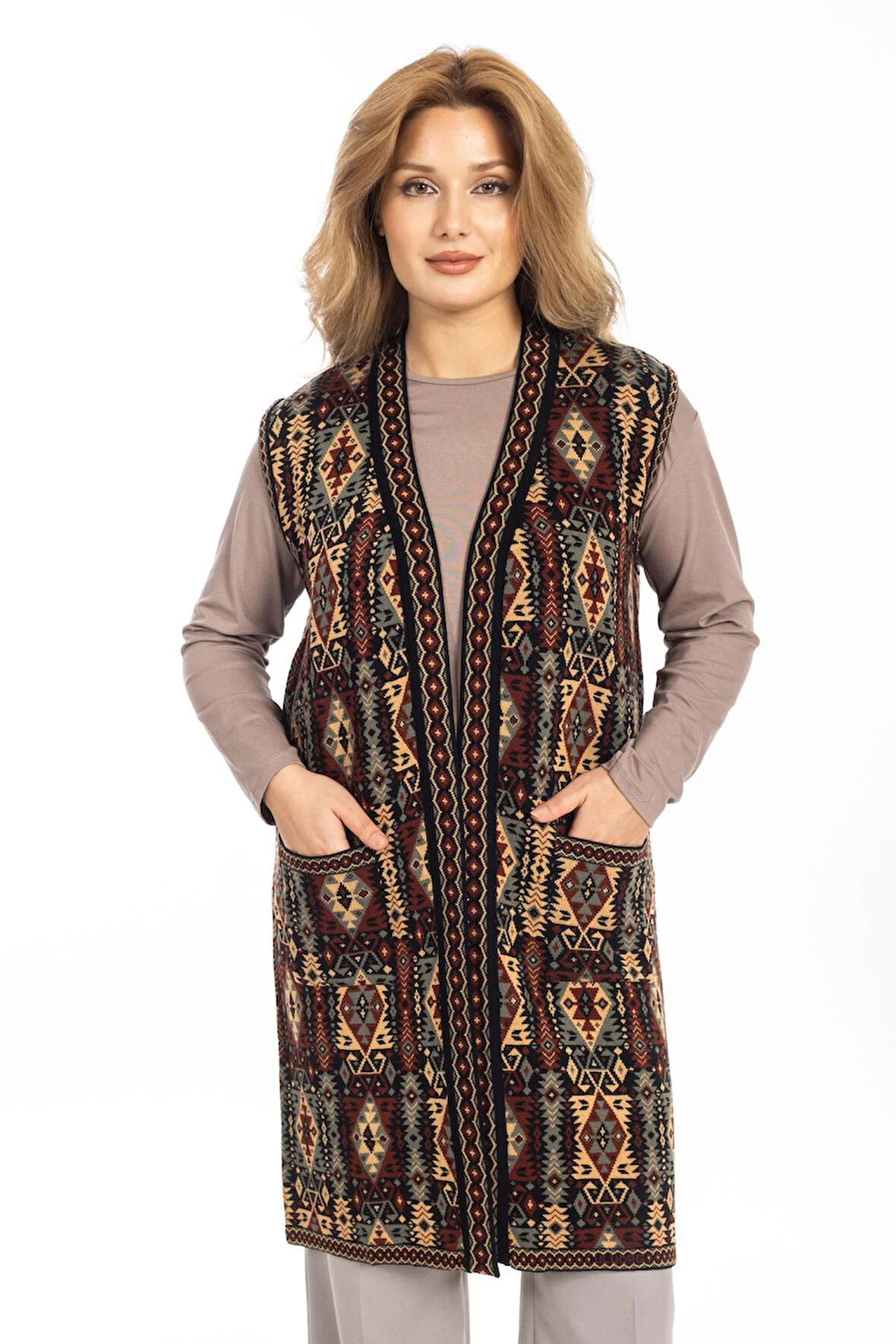 Kadın Klasik Etnik Desen Triko Örgü Kilim Anne Yelek 1052 Uzun