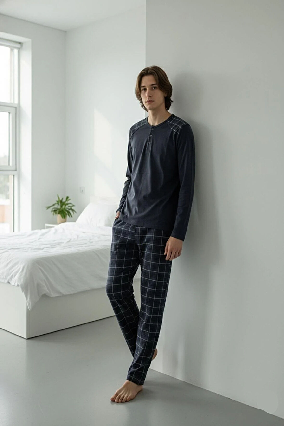 Erkek İnterlok Rahat Kalıp Sıfır Yaka Pamuk Pijama Takımı 6779