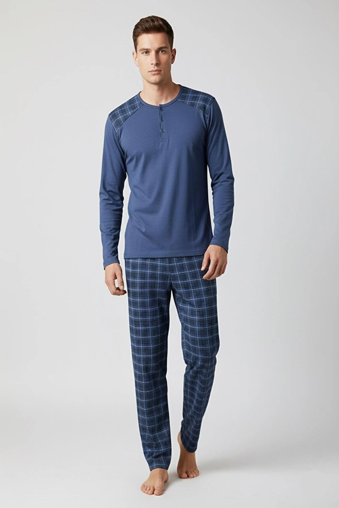 Erkek İnterlok Rahat Kalıp Sıfır Yaka Pamuk Pijama Takımı 6779