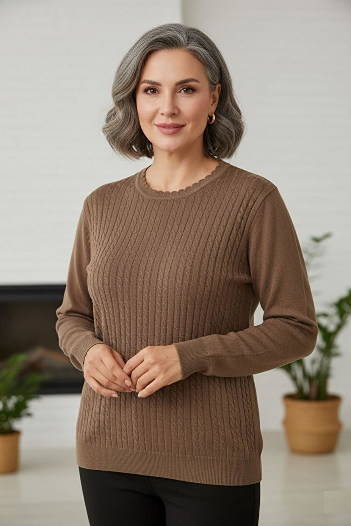 Kadın Yüksek Kalite Soğuk İplik Triko Örgü Anne Kazak Bluz 3048