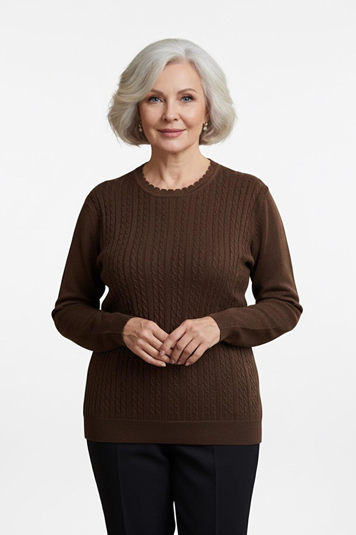 Kadın Yüksek Kalite Soğuk İplik Triko Örgü Anne Kazak Bluz 3048