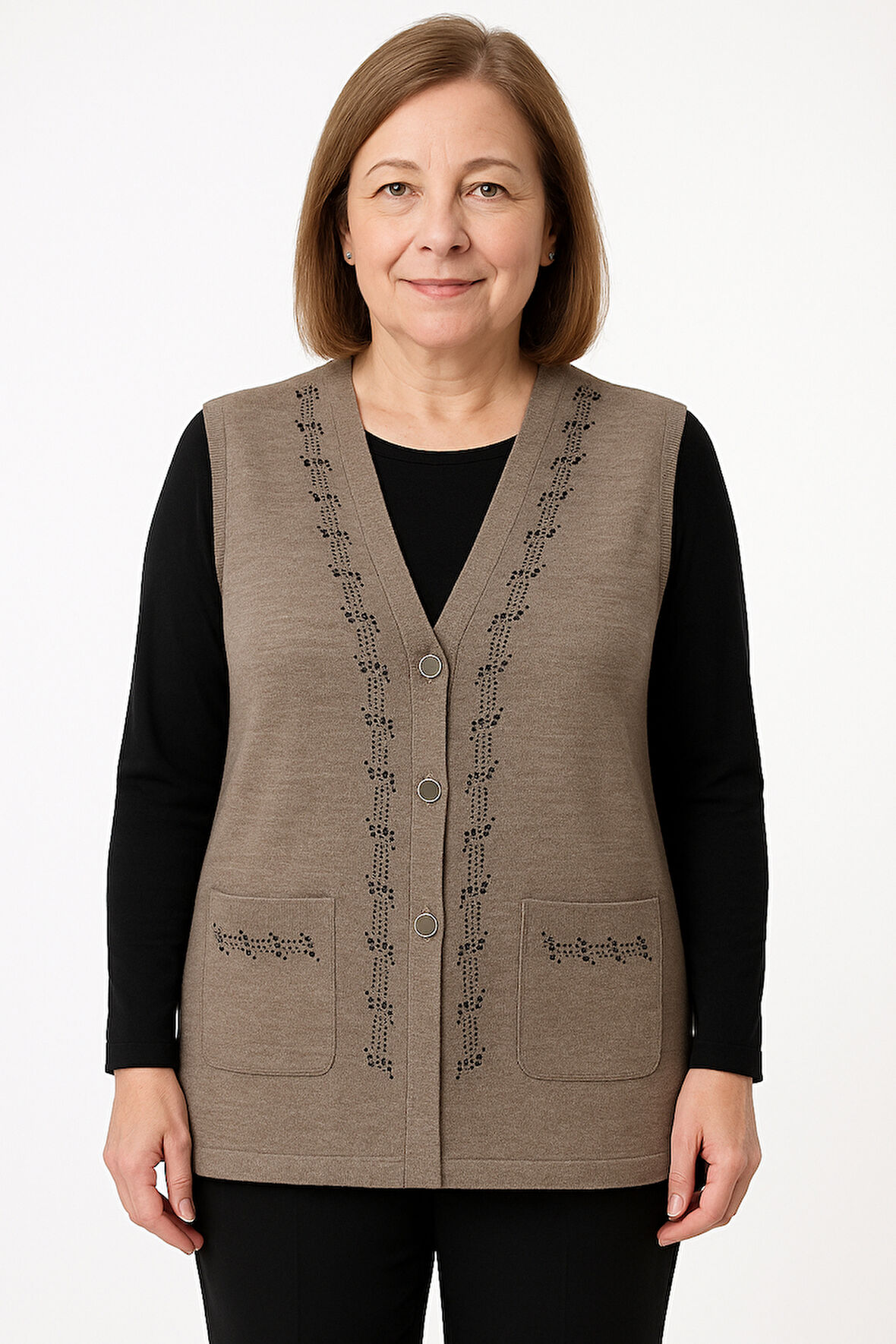 Kadın Orta Yaş ve Üzeri Sıkı Dokuma Taş İşlemeli İnce Anne Triko Yelek 1195