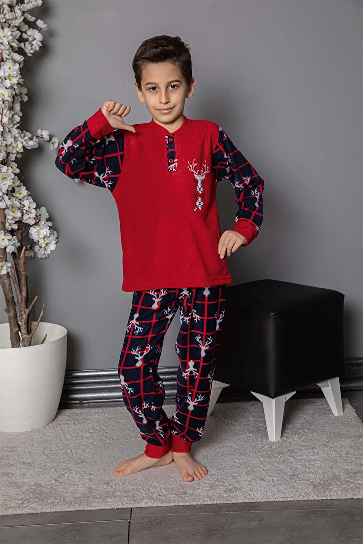 Erkek Çocuk Gez Garson Boy Geyik Desenli Pamuklu Kışlık Kalın Polar Pijama Takımı 2691-Kırmızı