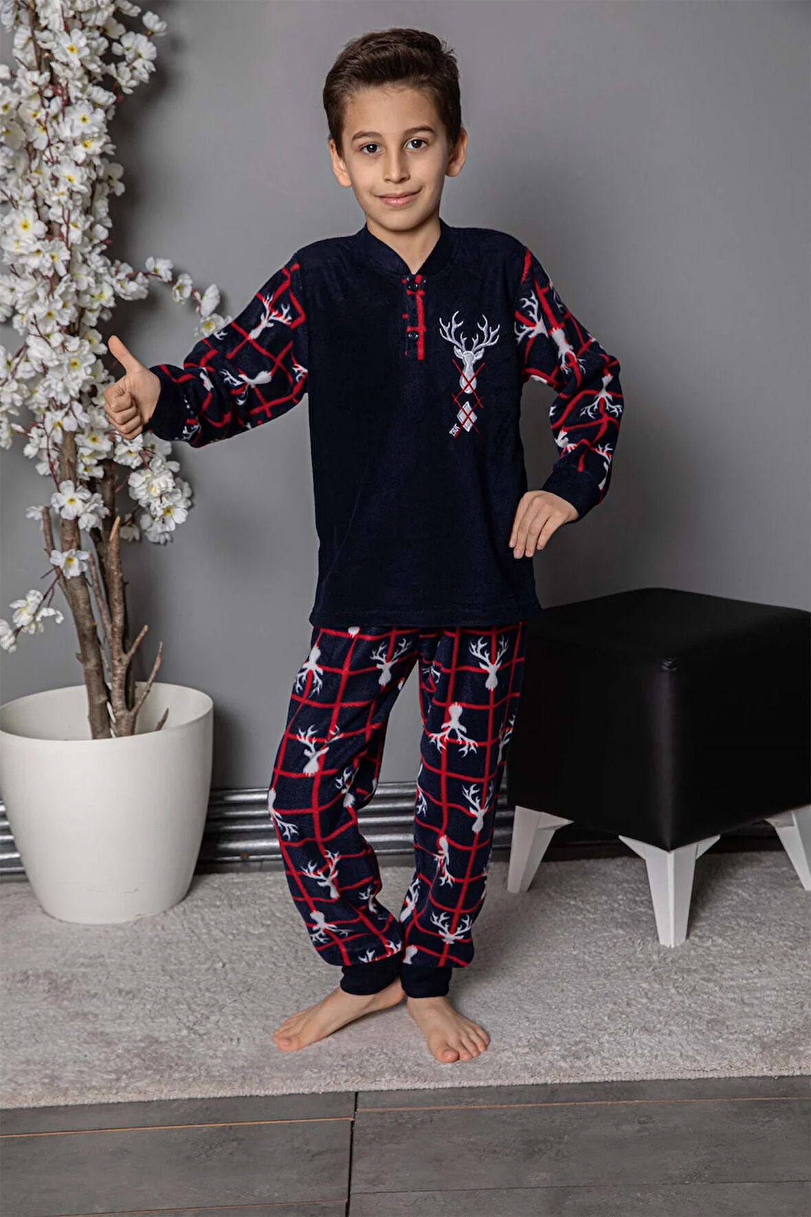 Erkek Çocuk Gez Garson Boy Geyik Desenli Pamuklu Kışlık Kalın Polar Pijama Takımı 2691-Lacivert