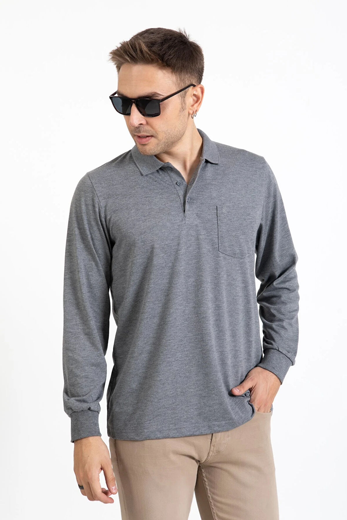 Erkek Orta Yaş ve Üzeri Polo Yaka Cepli Uzun Kollu Mevsimlik Sweatshirt 1103-Gri