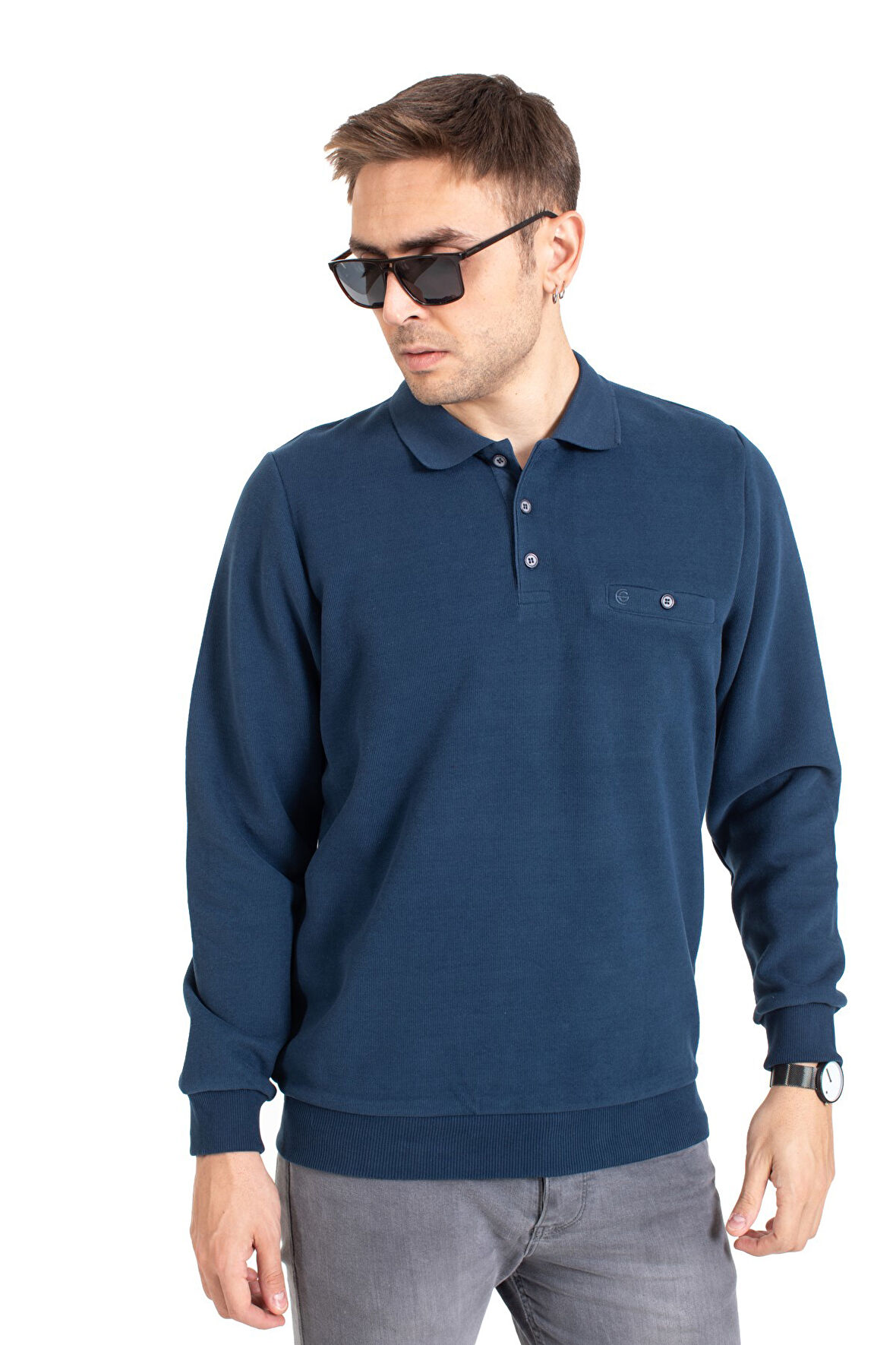 Erkek Klasik Regular Kalıp Pamuklu Selanik Polo Yaka Sweatshirt 1108-Lacivert