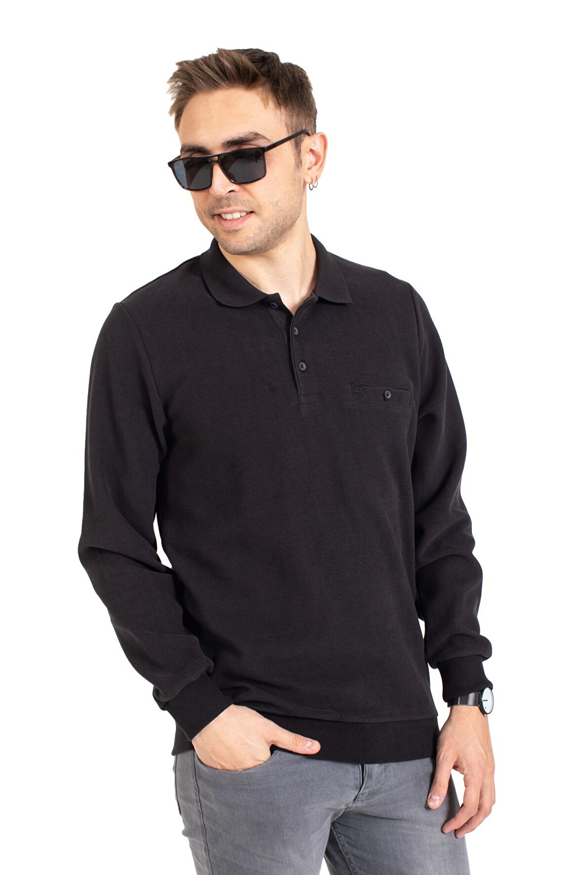 Erkek Klasik Regular Kalıp Pamuklu Selanik Polo Yaka Sweatshirt 1108-Siyah