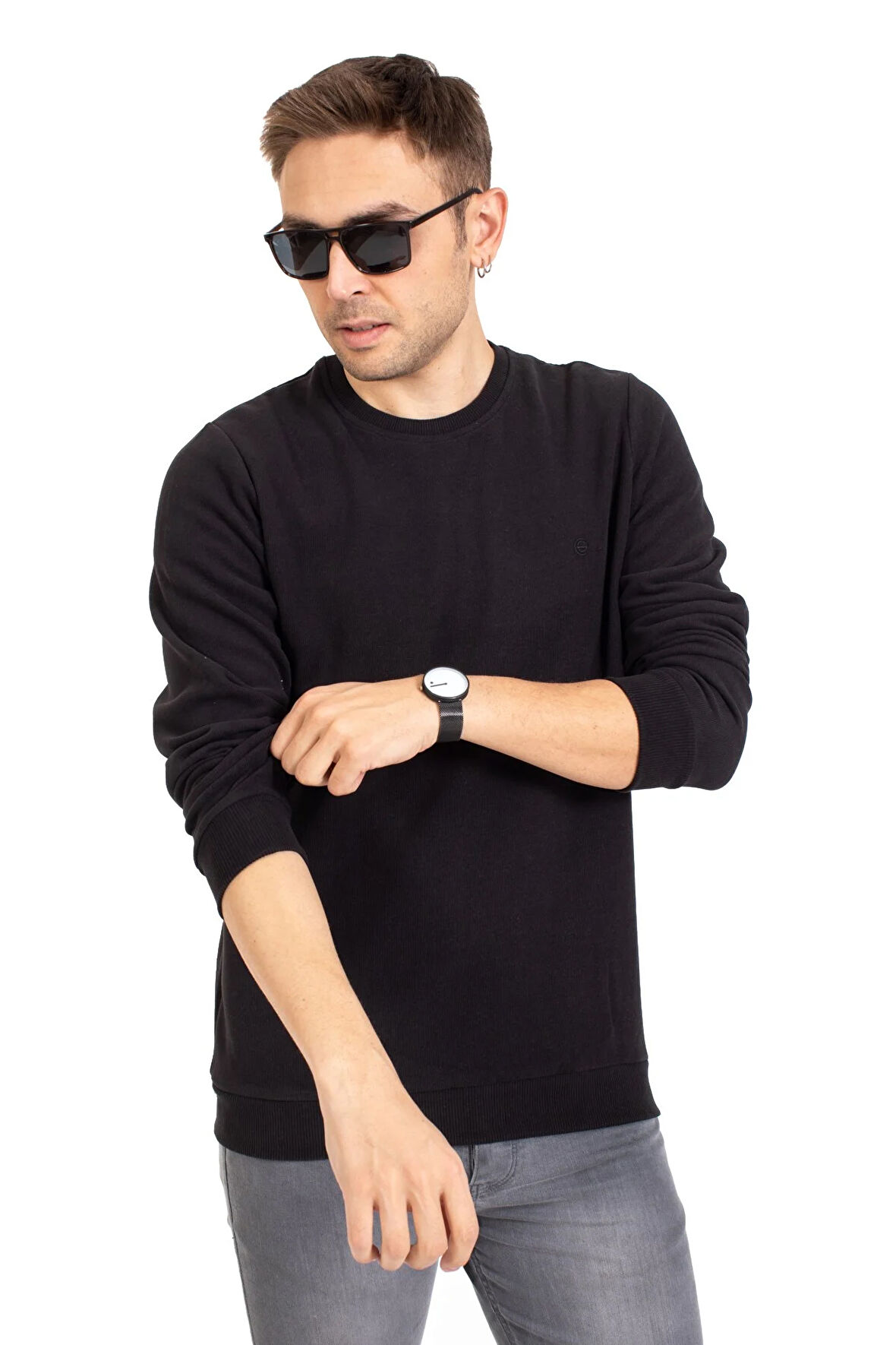 Erkek Klasik Regular Kalıp Pamuklu Selanik Yuvarlak Yaka Sweatshirt 1111-Siyah