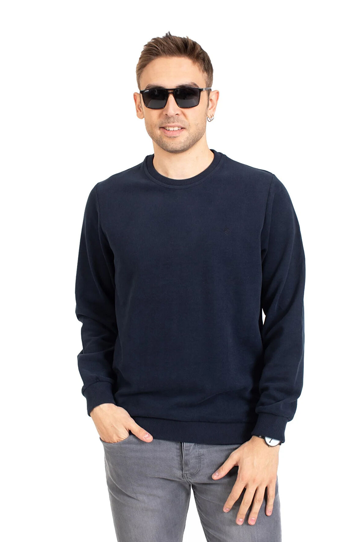 Erkek Klasik Regular Kalıp Pamuklu Selanik Yuvarlak Yaka Sweatshirt 1111-Lacivert