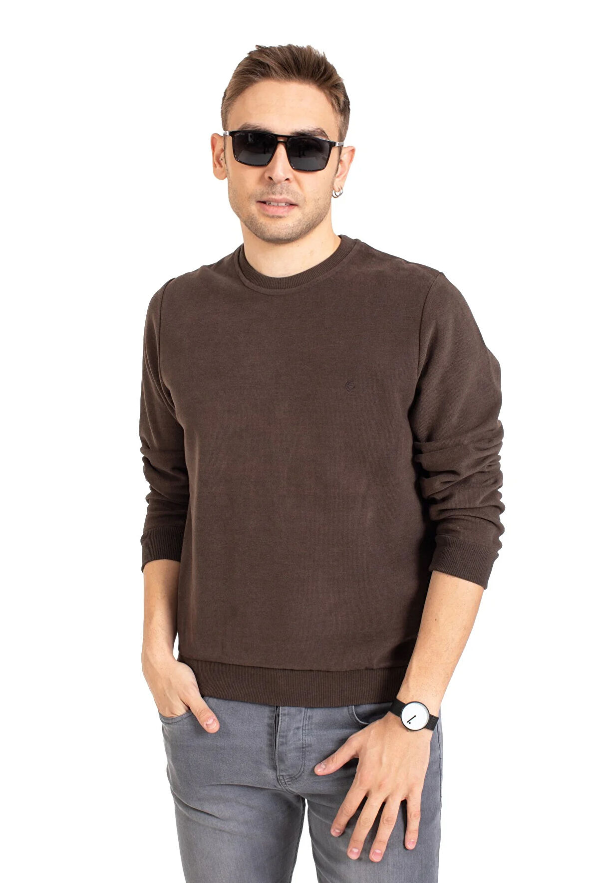 Erkek Klasik Regular Kalıp Pamuklu Selanik Yuvarlak Yaka Sweatshirt 1111-Kahve Rengi