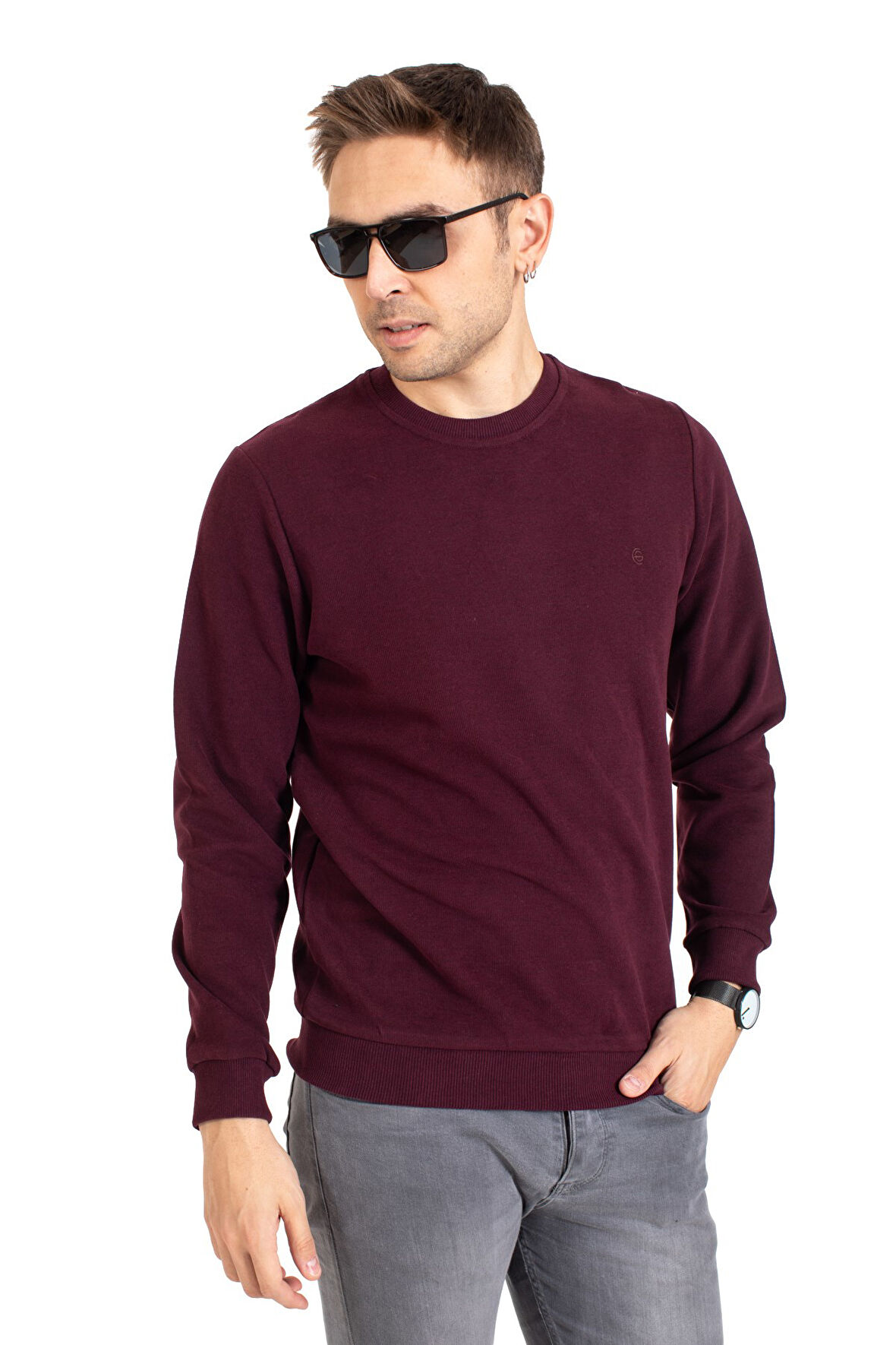 Erkek Klasik Regular Kalıp Pamuklu Selanik Yuvarlak Yaka Sweatshirt 1111-Bordo