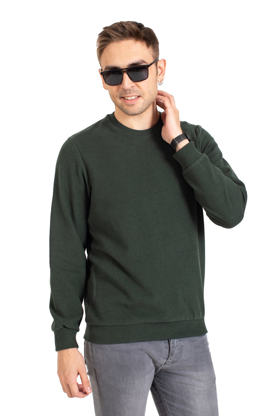 Erkek Klasik Regular Kalıp Pamuklu Selanik Yuvarlak Yaka Sweatshirt 1111-Haki Yeşili