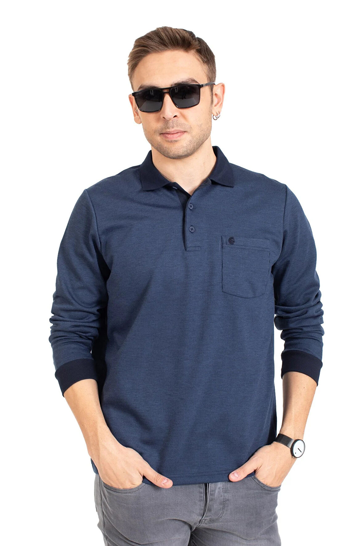 Erkek Orta Yaş ve Üzeri Polo Yaka Cepli Uzun Kollu Fitilli Mevsimlik Sweatshirt 1219-İndigo