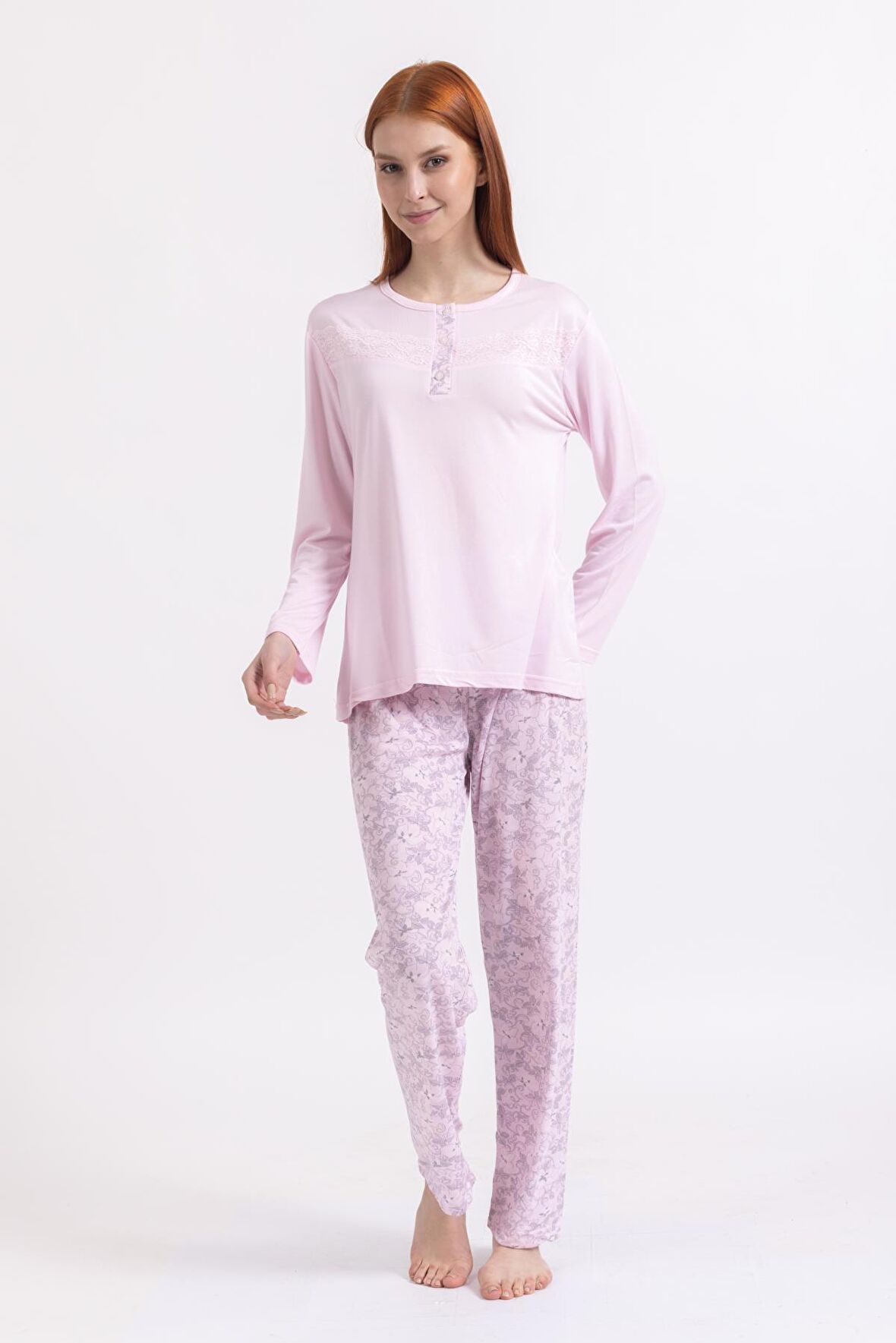 Kadın Dört Mevsim Dantel Desenli Melisa Kumaş Yüksek Kalite Yuvarlak Yaka Pijama Takımı 1361