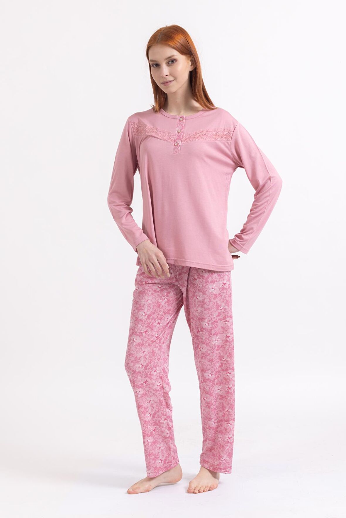 Kadın Dört Mevsim Dantel Desenli Melisa Kumaş Yüksek Kalite Yuvarlak Yaka Pijama Takımı 1361