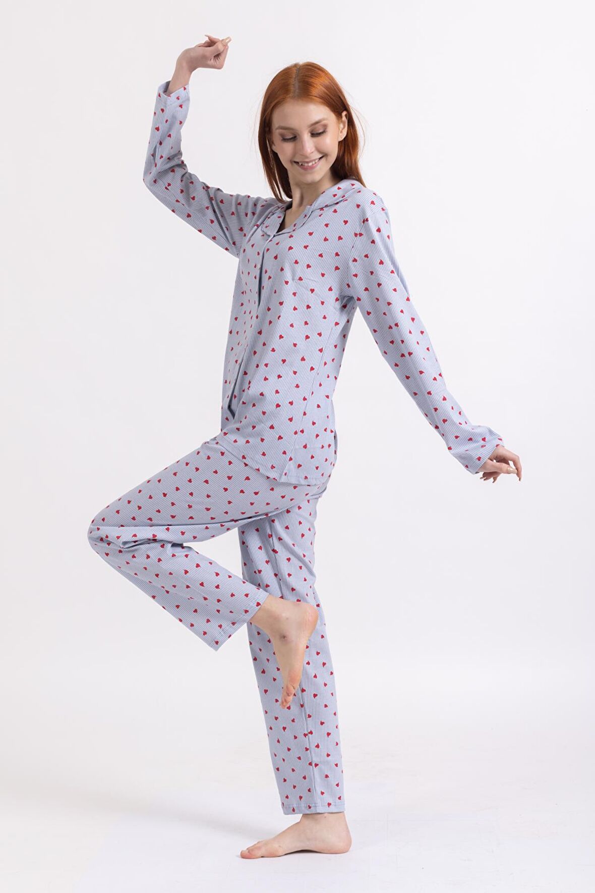 Kadın Dört Mevsim %100 Pamuk Düğmeli Kalp Desenli Yüksek Kalite Pijama Takımı 9323